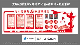 党建文化墙党建素材CDR预览图红色背景为人民服务永远跟党走党政制度