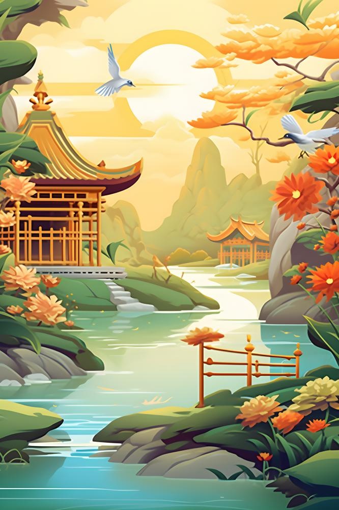 国潮花朵仙鹤云间背景(2400x3600)