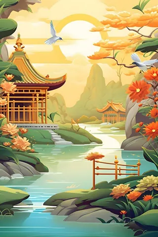 国潮花朵仙鹤云间背景