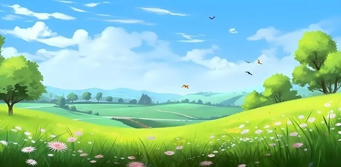 春天蓝天白云草原绿色树草地手绘插画海报素材背景(6272x3072)