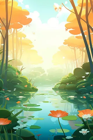 黄绿色荷花池温馨插画背景