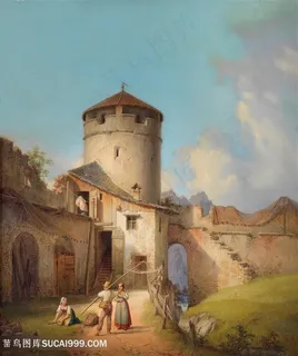 欧洲建筑城堡人物油画图片 欧洲建筑城堡人物油画图片