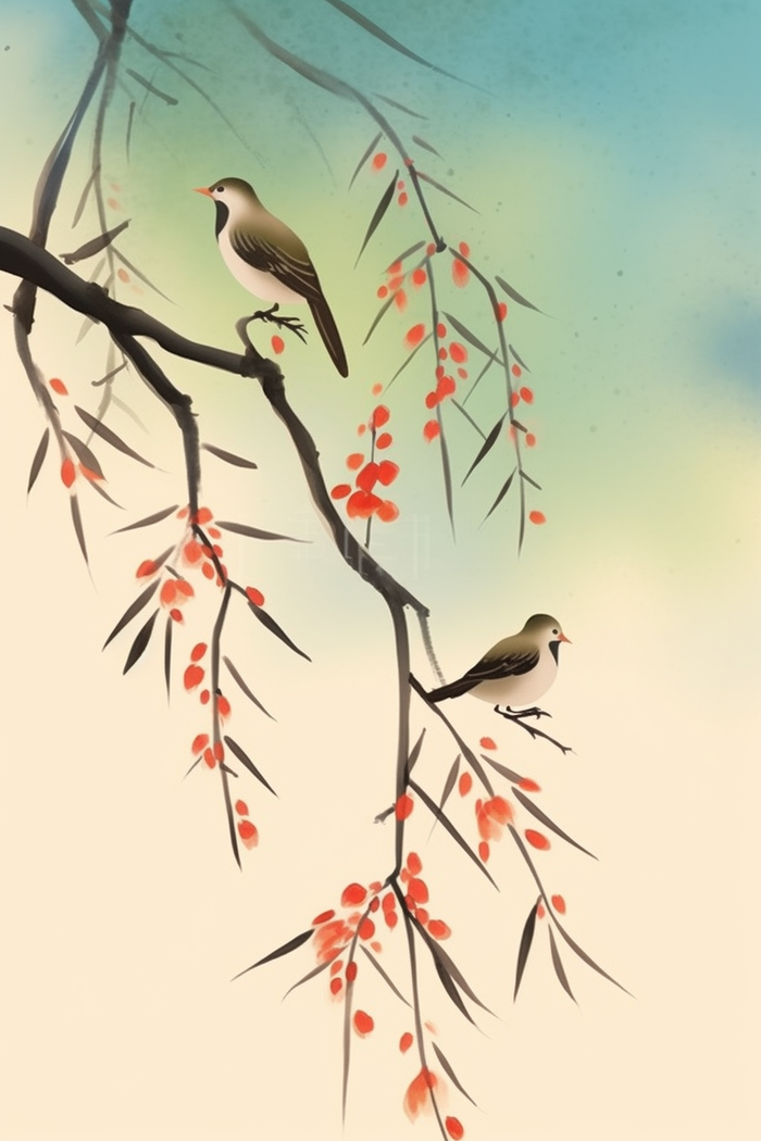 古风水墨画树枝枝头上站着小鸟插画素材背景