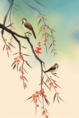 古风水墨画树枝枝头上站着小鸟插画素材背景
