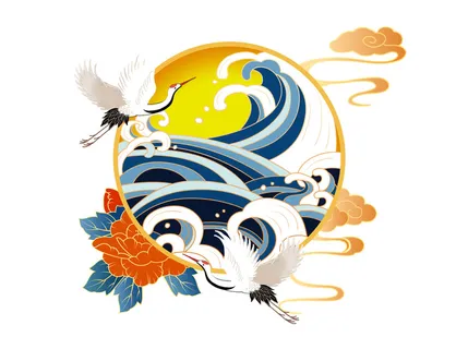 中国风国潮仙鹤山水插画手绘元素场景PSD设计素材