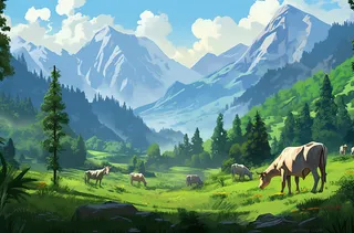 一群奶牛和山羊在山上的绿色草地上插画