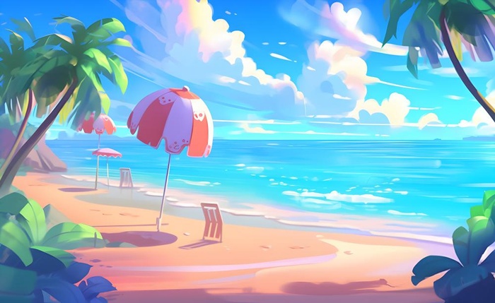 海边度假沙滩椰树冲浪天空插画背景(3600x2208)