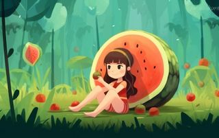 坐着西瓜草地的女孩插画背景