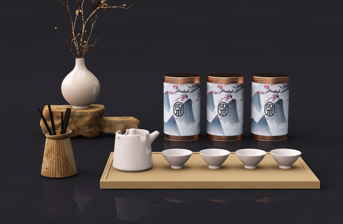 国风高档茶叶包装盒袋罐瓶LOGO标贴展示VI智能贴图样机PSD素材psd模版下载