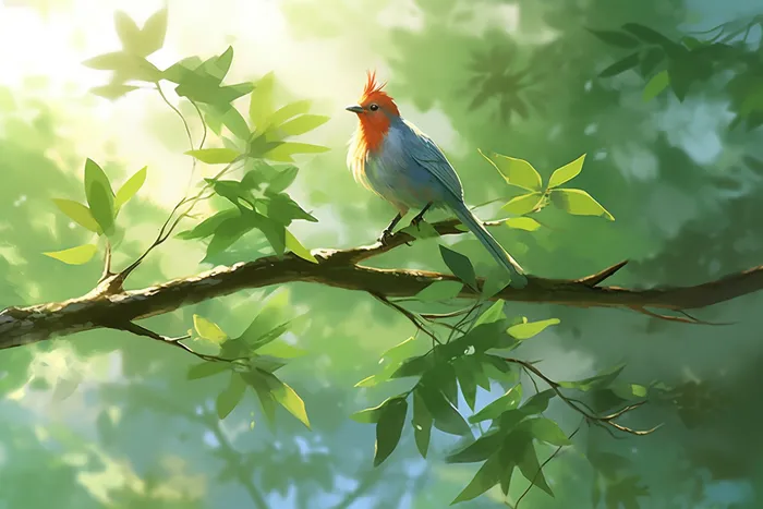 被阳光照射的绿叶树枝上站着一只小鸟卡通插画(4032x2688)