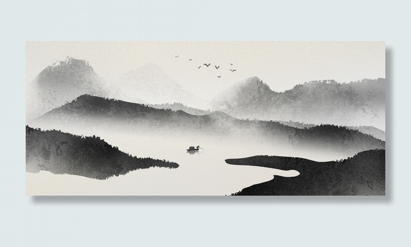 水墨黑白山水画PSD素材