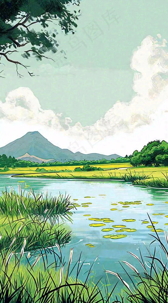 春天阳光灿烂远处的高山和田野春意盎然手绘卡通画(816x1472)
