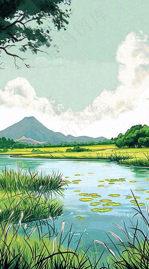 春天阳光灿烂远处的高山和田野春意盎然手绘卡通画