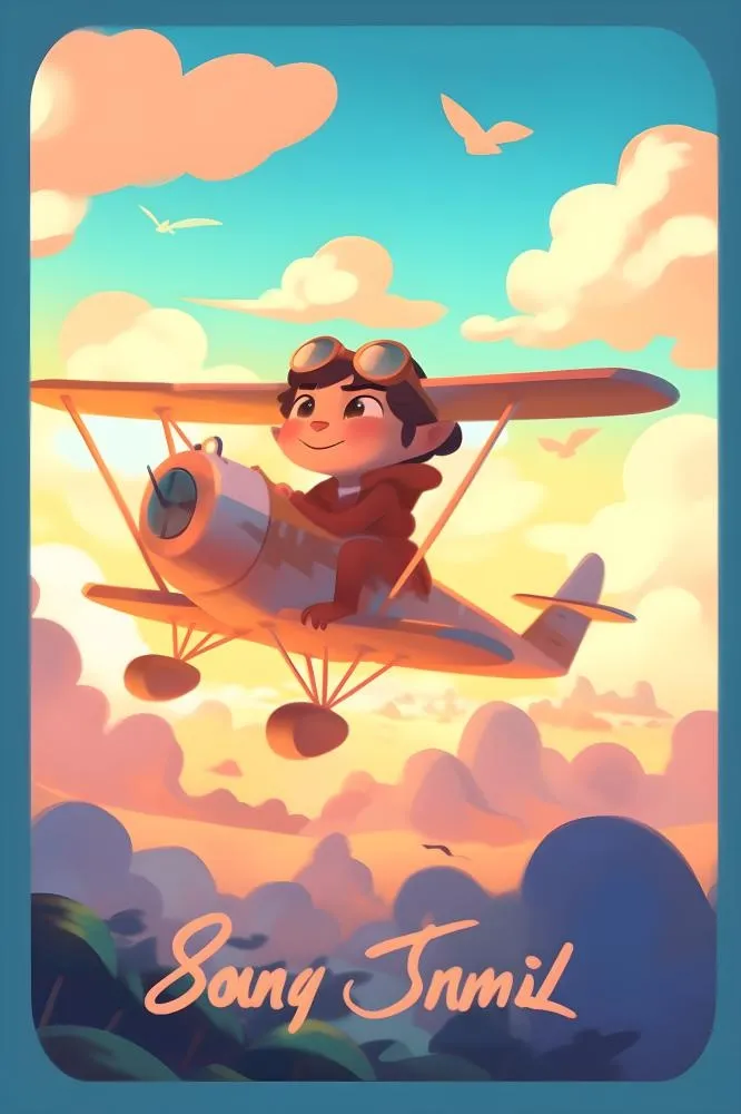 天空遨游飞机人物云朵晚霞插画背景(3584x5376)