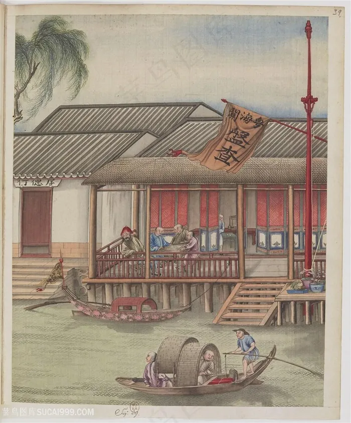 古代广州广东海关盘查监查制茶贸易场景绘画图片