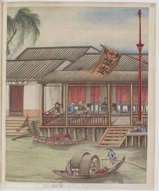 古代广州广东海关盘查监查制茶贸易场景绘画图片