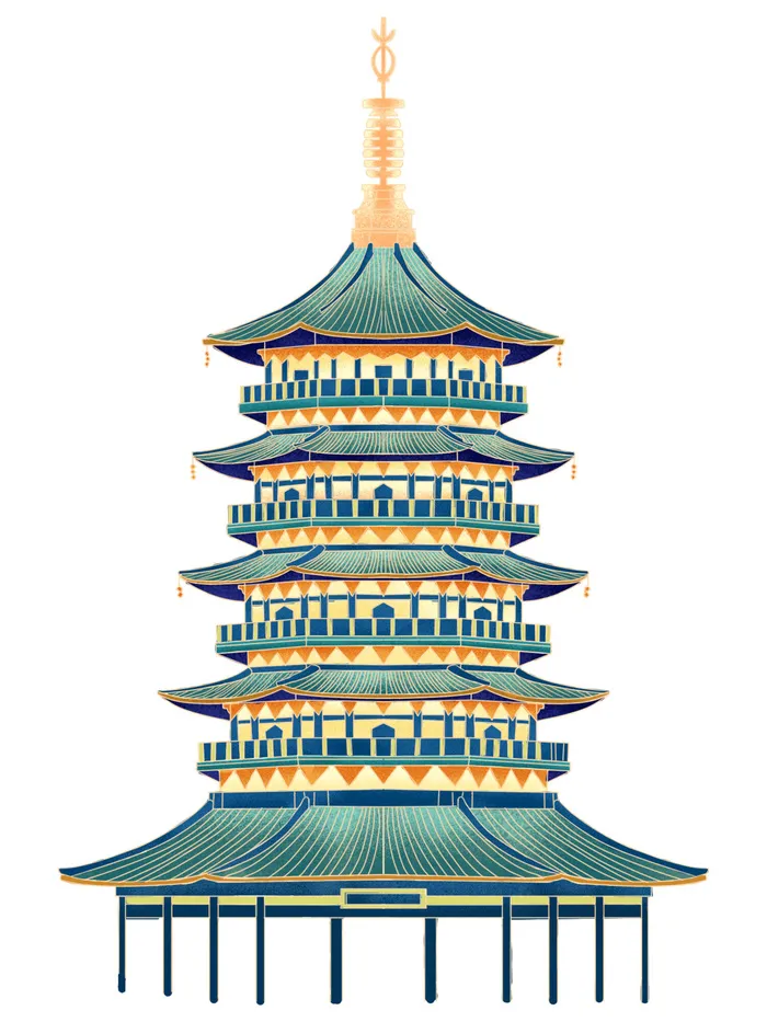 复古中国风国潮古建筑插画手绘高楼古塔PSD素材亭子png免抠图psd模版下载