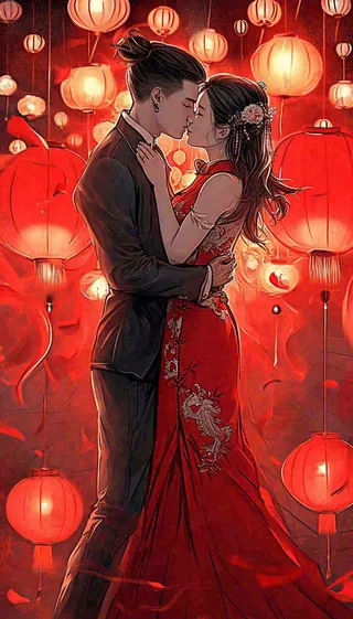 中国风情人节古风情侣拥抱亲吻爱情，七夕节