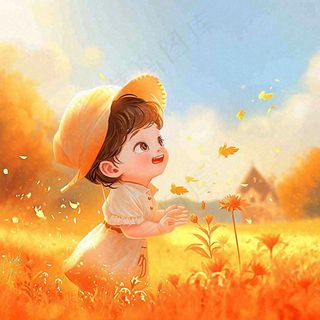 秋天秋叶小麦黄色落叶女孩小孩玩耍