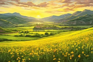 绿色田野在美丽的日落霞光下长出杂草在的阳光明媚的山景插画背景