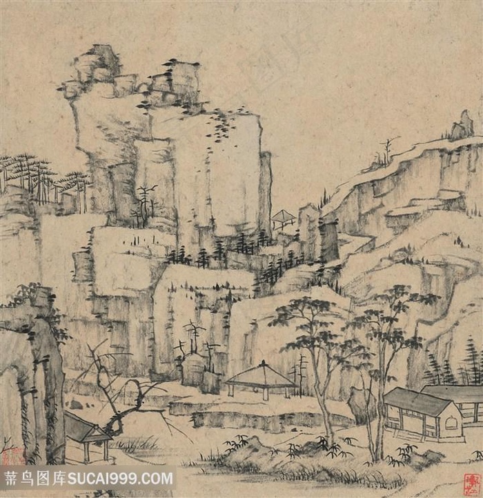 画家陈洪绶花卉山水图乡野怪石国画图片