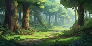 卡通插画山谷树林草坪野花