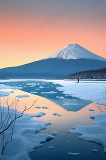冬季雪山冰川夕阳摄影图