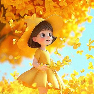 秋天秋叶飘落黄衣少女在欣赏美景，秋分