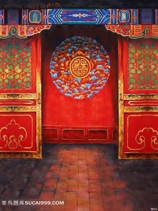 古代喜庆大门和砖地