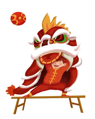 新年春节虎年元宵手绘人物舞狮卡通狮子头插画元素PSD设计素材