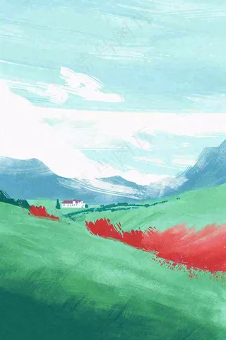 春天郊外绿地草地山脉石头插画手绘，惊蛰春分