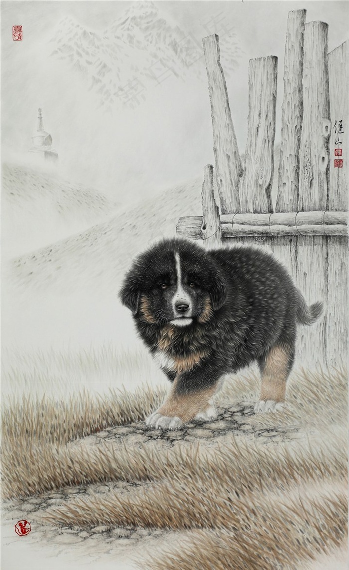 黑色獒犬艺术工笔画