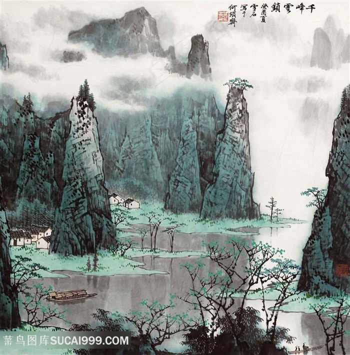 白雪石唯美山脉水墨湖畔美景