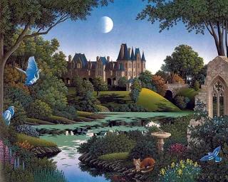 唯美溪流草地建筑油画风景画