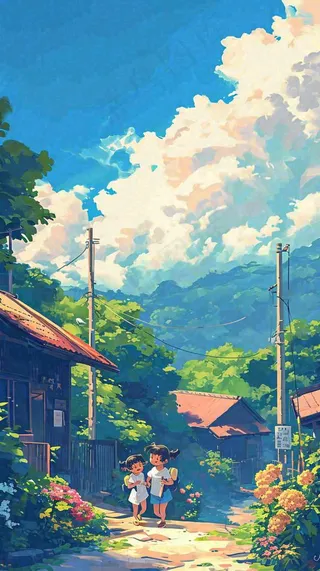 清新蓝天白云儿童路边行走手绘插画，花丛草地植物