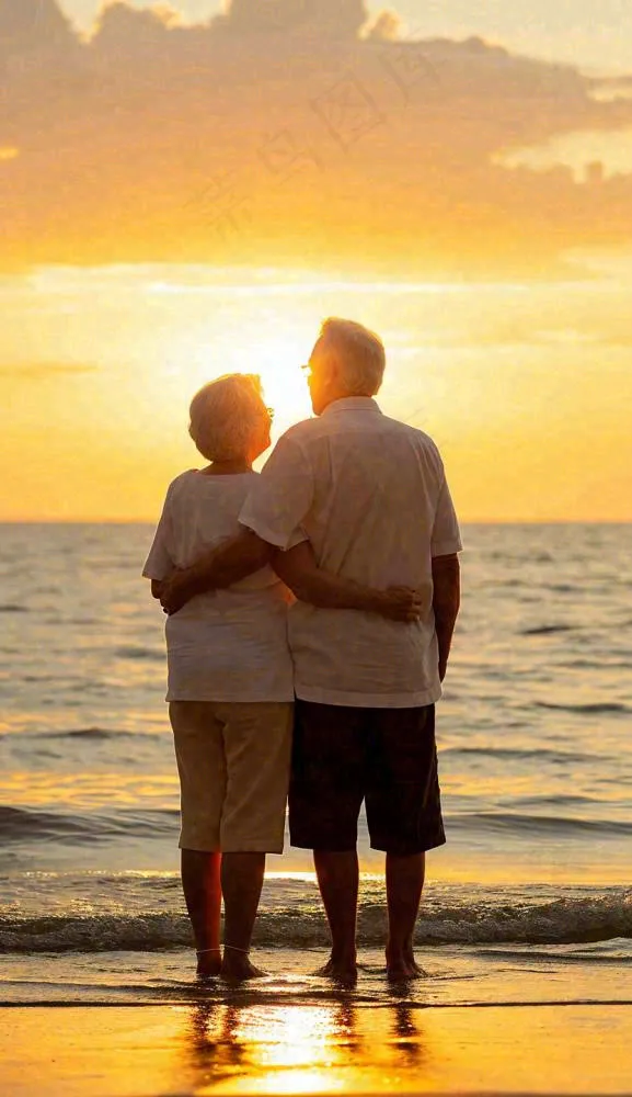 落日下老年人父母陪伴爱情，情人节温馨浪漫摄影图(832x1440)