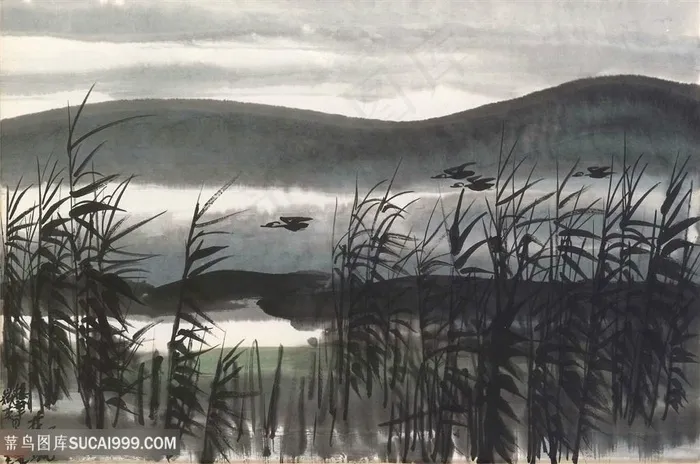 林风眠手绘水墨湖畔山脉风景画