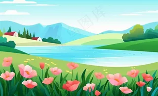 乡村村庄美丽风景河流插画农田插画背景