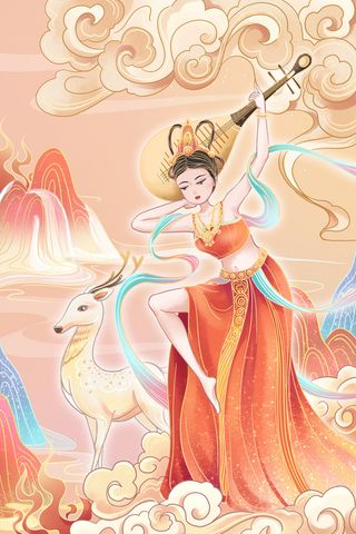 复古中国风国潮神话人物敦煌插画仙女手绘海报背景PSD设计素材
