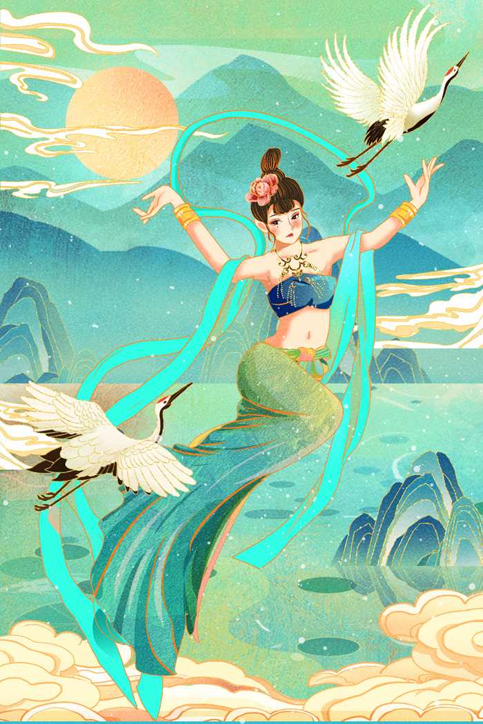 复古中国风国潮神话人物敦煌插画仙女手绘海报背景PSD设计素材