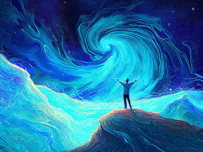 夜晚天空科幻绚丽星空下的人，暗黑天蓝