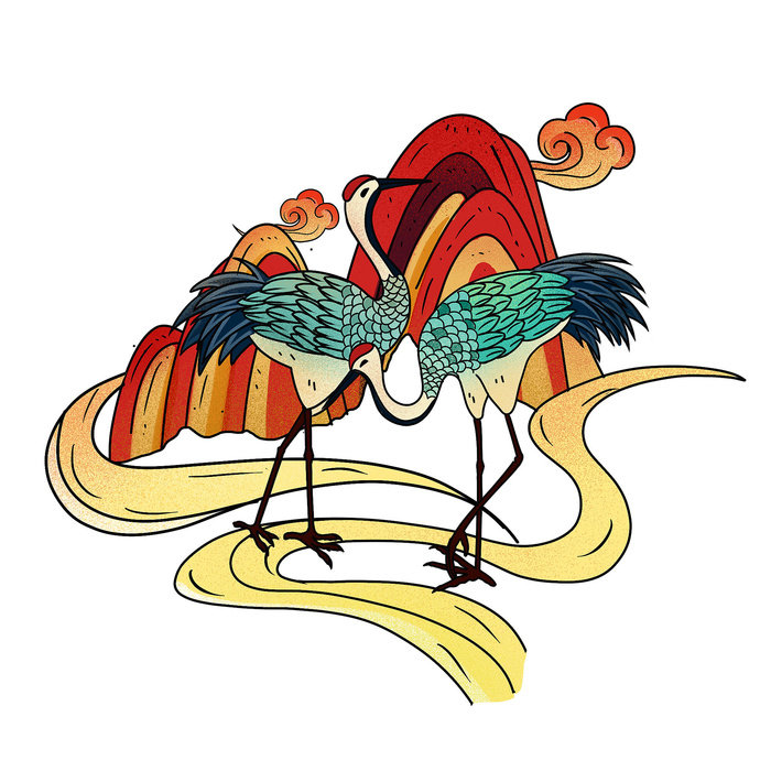 中国风国潮仙鹤山水插画手绘元素场景PSD设计素材