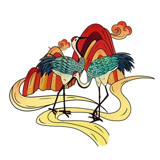 中国风国潮仙鹤山水插画手绘元素场景PSD设计素材