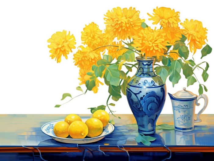 重阳黄色菊花花瓶饮茶插画免抠(1232x928)