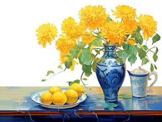 重阳黄色菊花花瓶饮茶插画免抠