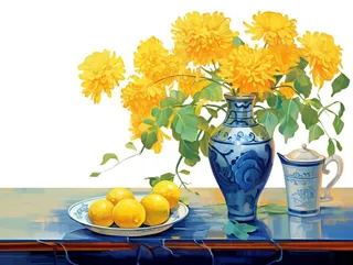 重阳黄色菊花花瓶饮茶插画免抠