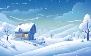 冬天乡村雪地里的房子雪景白雪卡通插画背景