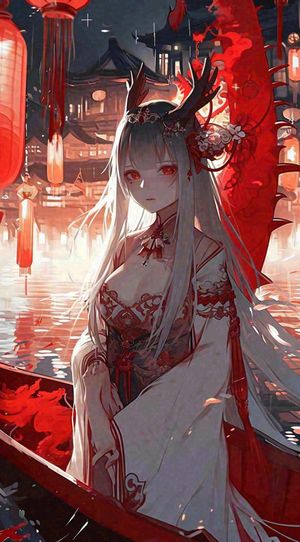 少女漫画古风灯笼夜晚夜景船只手绘插画