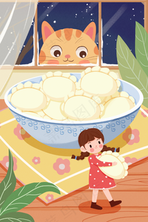 冬至插画可爱女孩与猫咪