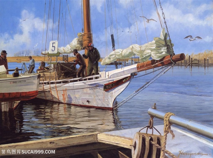 海景船美景油画装饰画